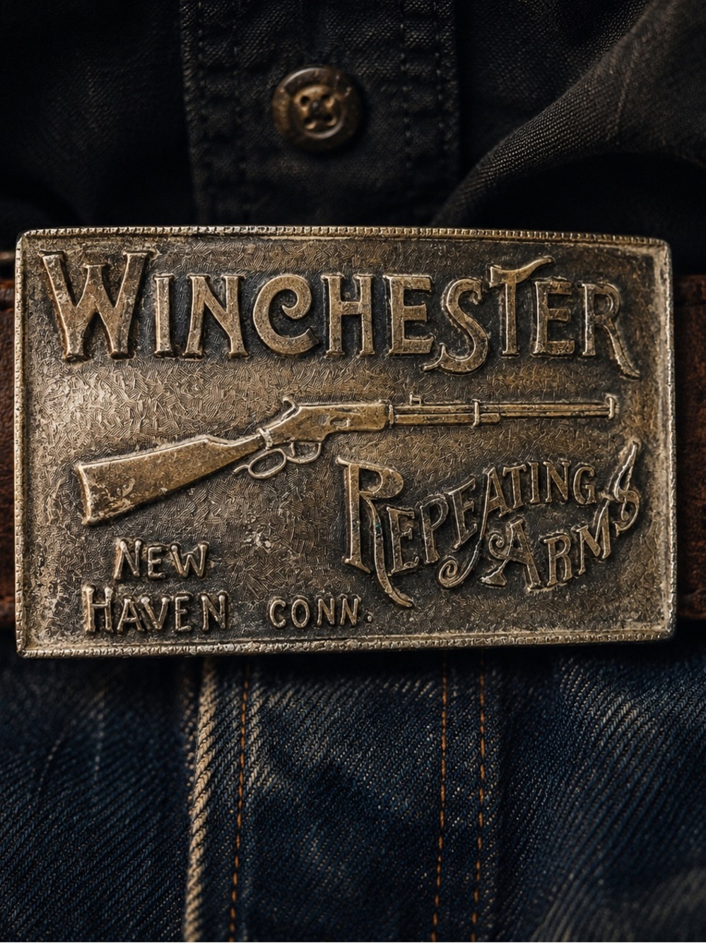 Vintage Winchester Rifle Belt Buckle Western Cowboy Repeating Arms Silver Tone